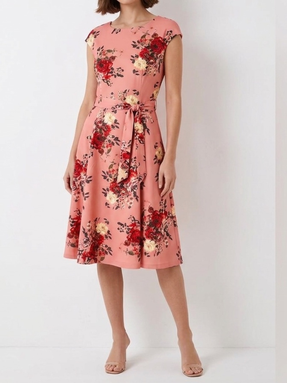 Dress Tells Coral Red Floral Fit Flare Dress Size 2XL Cap Sleeve Belted💛